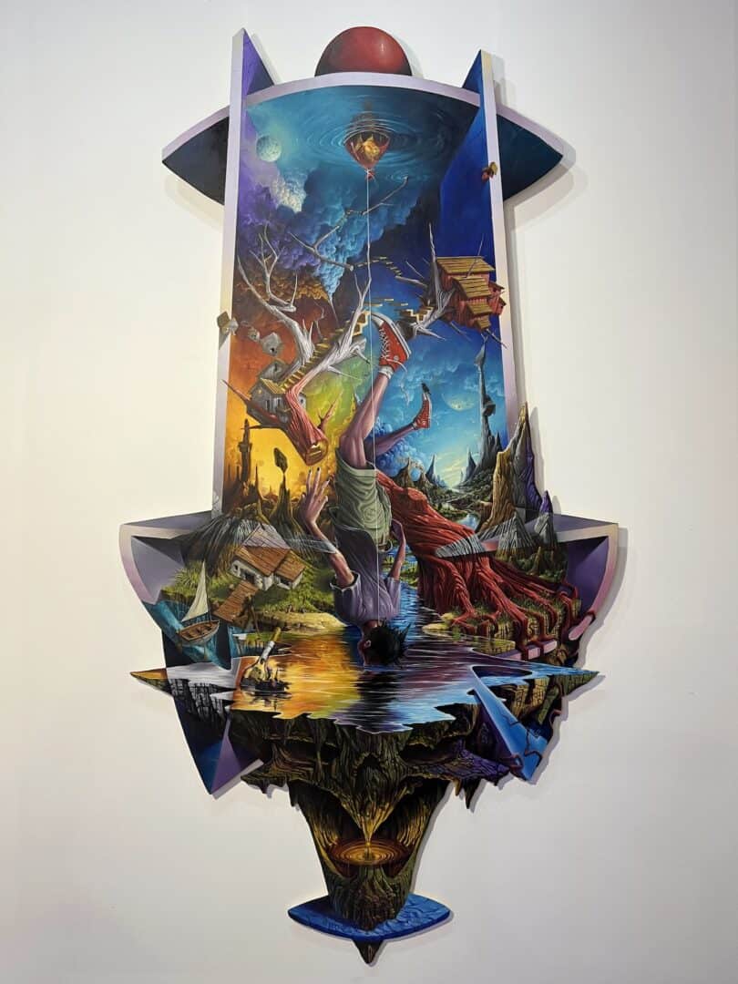 titolo: l'appeso olio e spray su legno sagomato 100 m x 1.87 data 2024