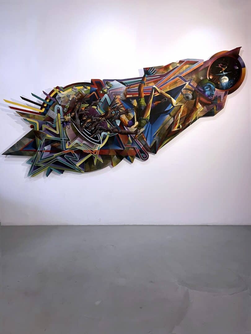 titolo: la leggerezza 3.20 metri x 1.45 olio e spray su legno sagomato data 2017