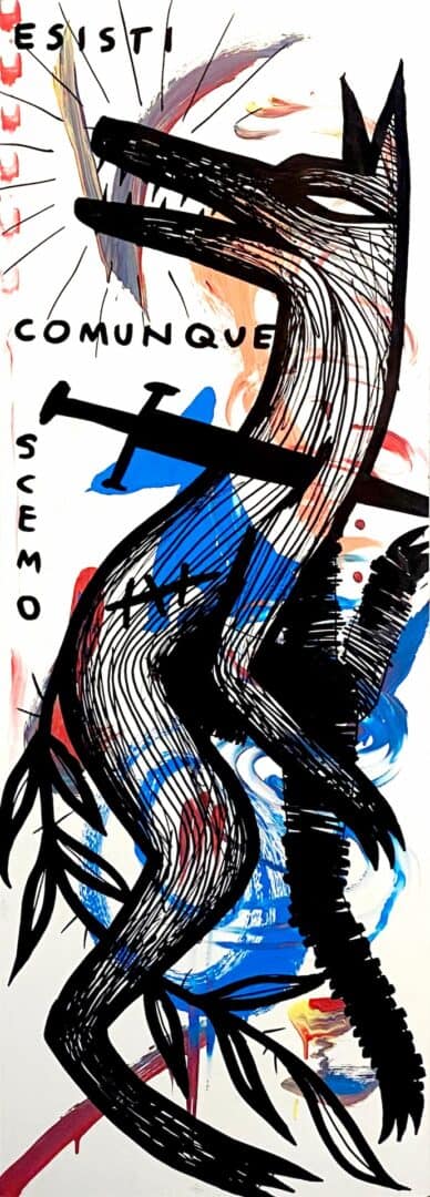 malgrado me, 150x40 acrilico e marker su tavola 2024