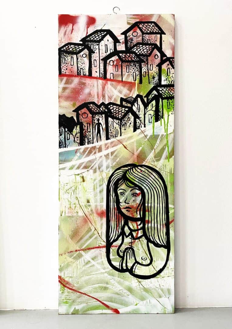 vale poi tatnto pregar? 100x40 marker e acrilico su tavola 2024